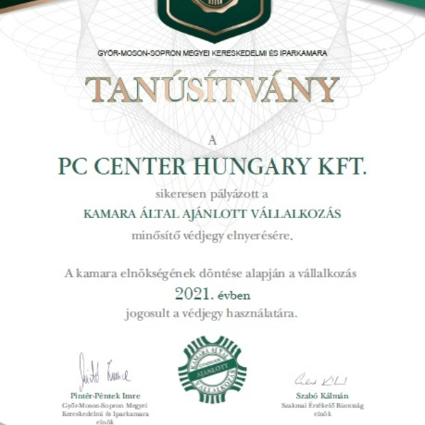 Tanúsítvány - PC Center Hungary Kft. - Kamara által AJÁNL...